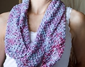 Hand Knit,  Extra Long, Cotton Infinity Scarf- Cowl- In Blue Pink and Purple