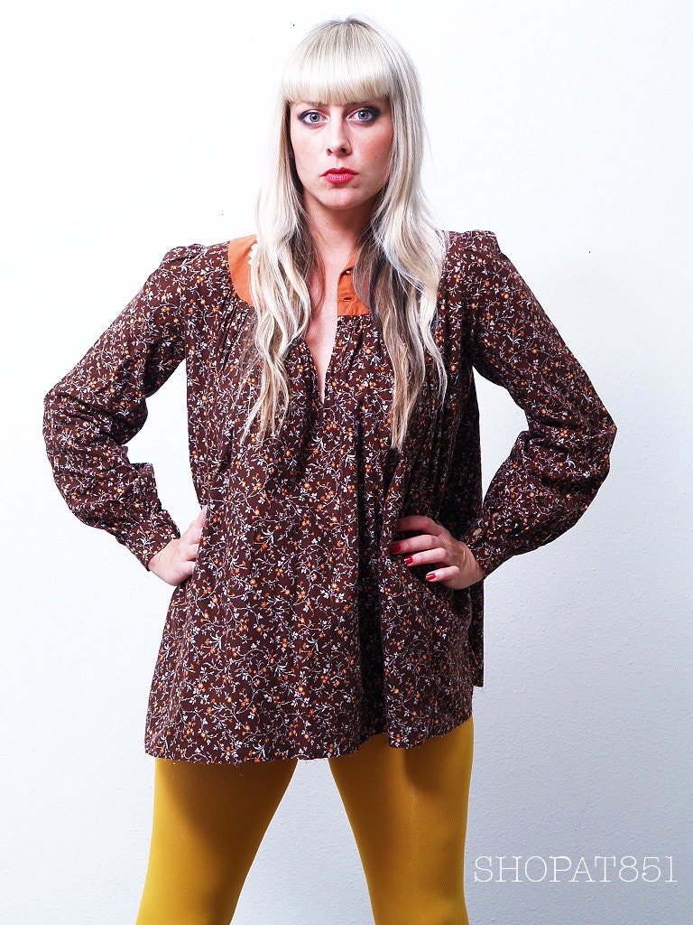 Vintage Chocolate Brown Floral Peasant Blouse Tunic