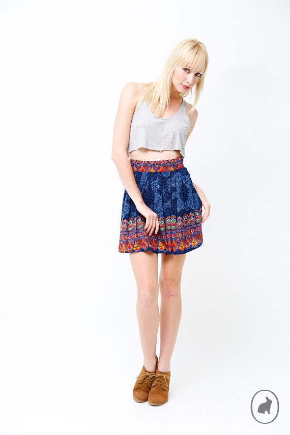 Vintage 80s Blue Tribal Print Mini Skirt - Hip Pockets - Spring Summer Fashion