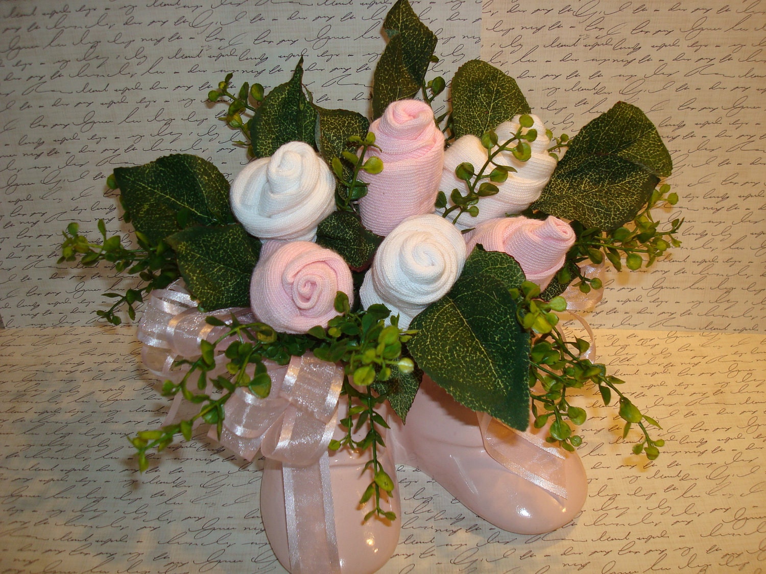 It's A Baby Girl--Vintage Haeger Pottery Pink Baby Booties Vase With Sock Roses And Faux Greenery-CUTE-