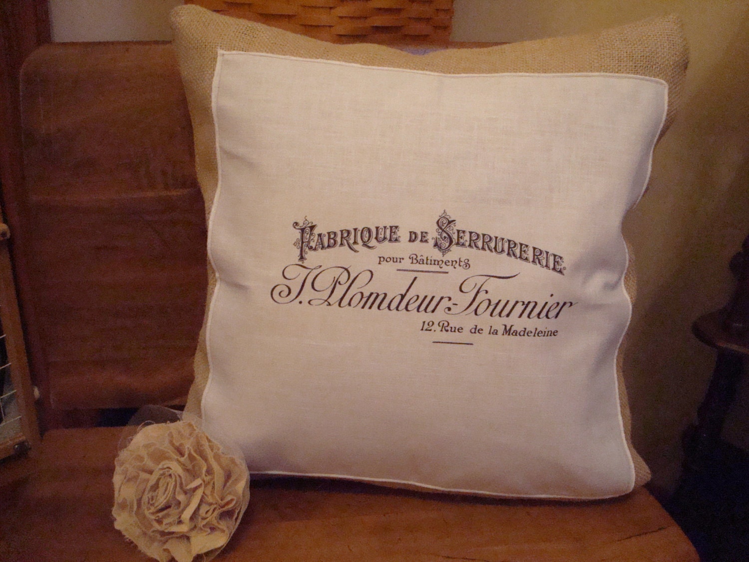 Hand Made Burlap-Jute Pillow With French Advertisement On Vintage Linen Napkin