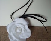 SO CHIC-White Velvet Rose With Black Goose Feathers-Hair Clip-Brooch Pin-Wedding-Prom-Party-White and Black-