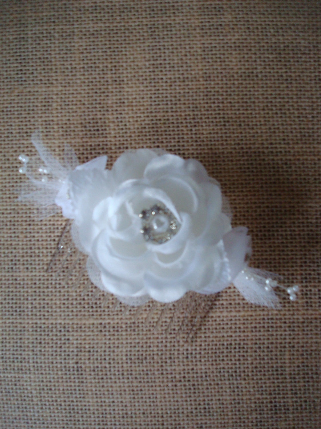 White Rose Hair Comb-Organza-Silk-Rhinestone-Pearls-Bridal Hair Fascinator-Prom-Parties.