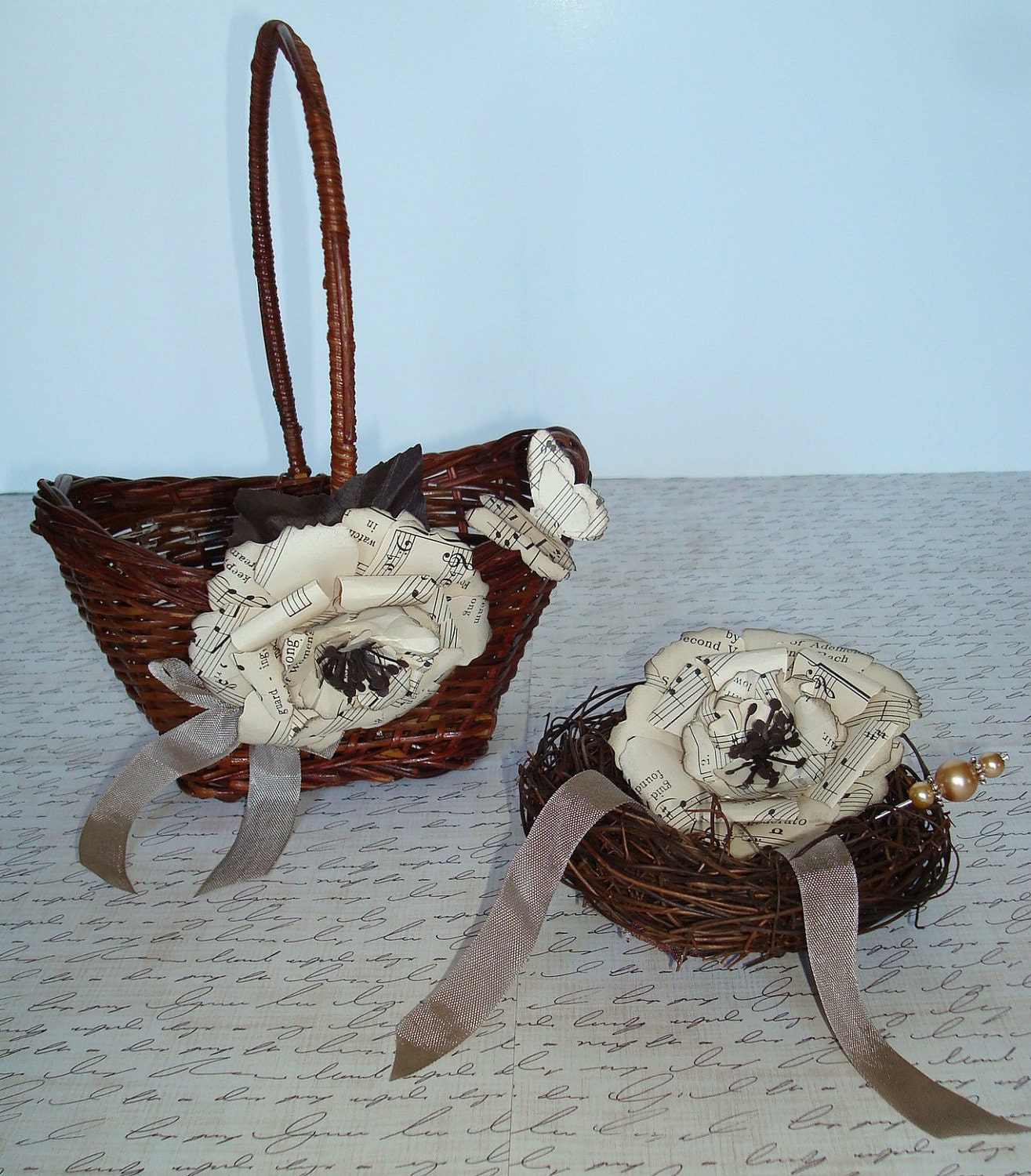 Flower Girl Basket and Ring Bearer Bird Nest Set-Sheet Music Paper Roses-Butterfly-Seam Binding.