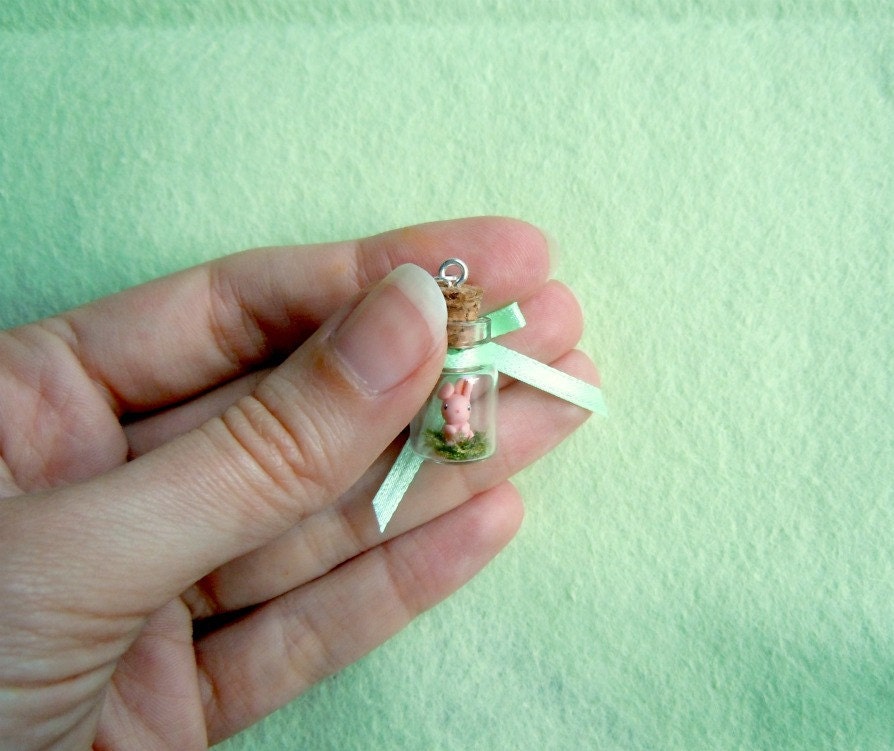Tiny pink bunny in a bottle - miniature terrerium pendant