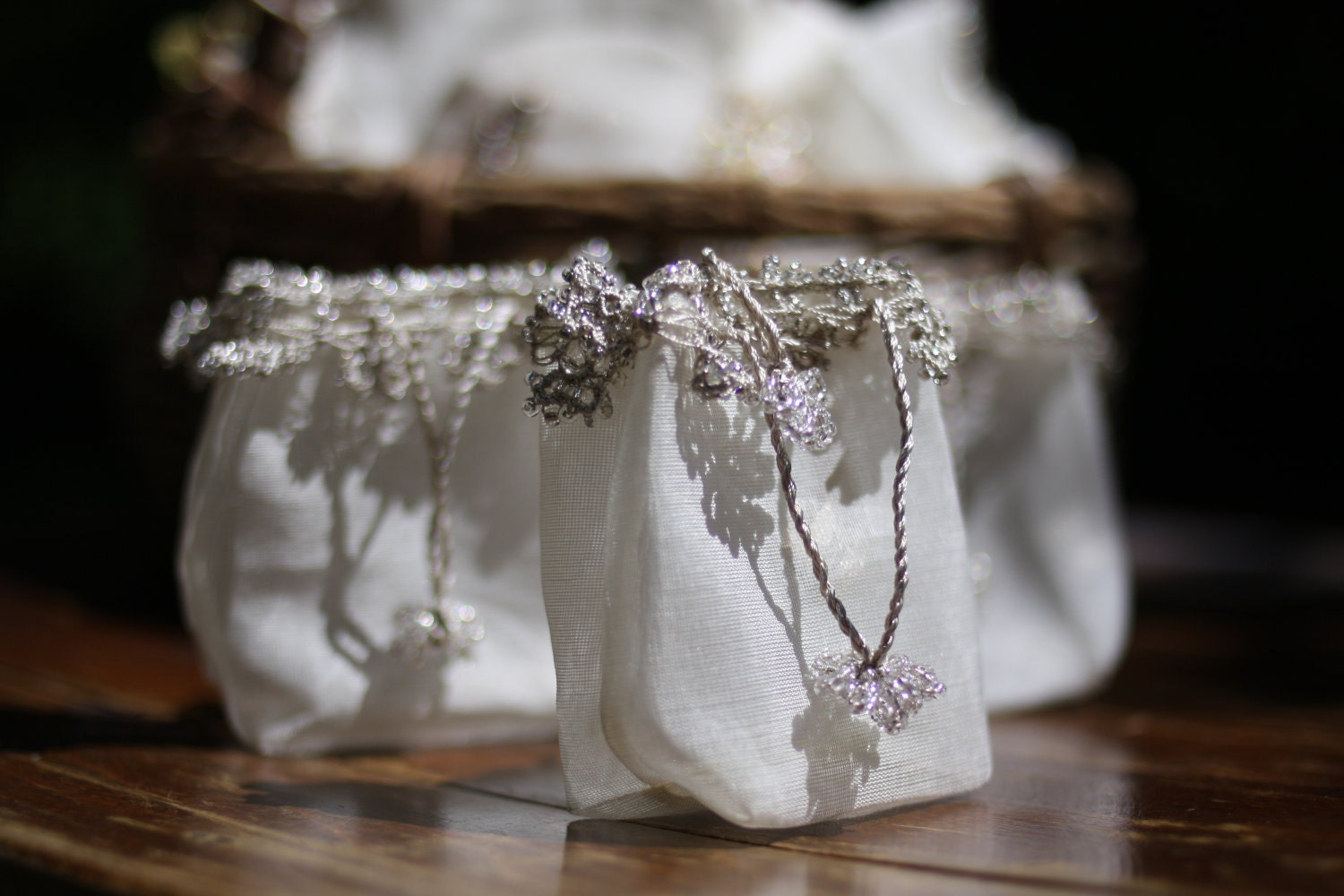 FOREST BLANC -- Hand-Loomed, Hand-Embellished Little Silk Bags in White and Silver - Set of 3