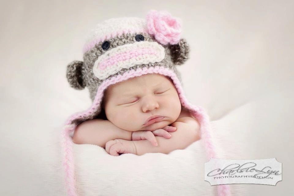 Pink Flower Sock Monkey Hat