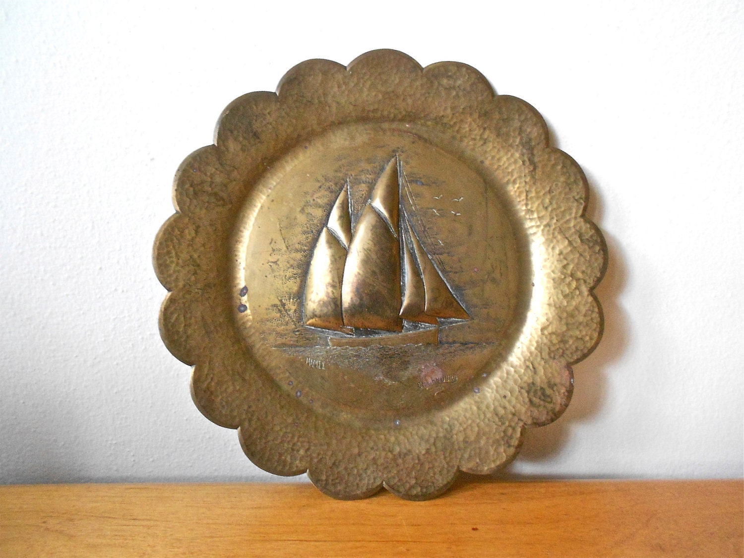 Vintage Brass Schooner Sailboat Plate Wall Hanging Cherbourg