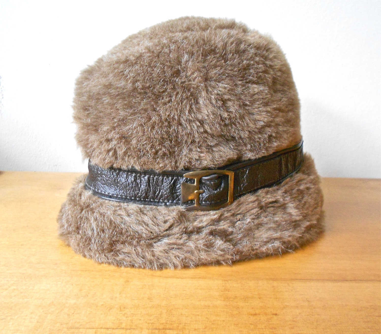 Vintage Ladies Winter Hat - Brown Faux Fur Large with Brass Buckle Mad Men Style - Mid Century Chic