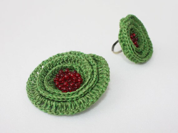 Sale Christmas jewelry Red green jewelry Hair clip finger ring Gift for her under 15 Summer fashion Linen jewelry Hair accessory piece oht