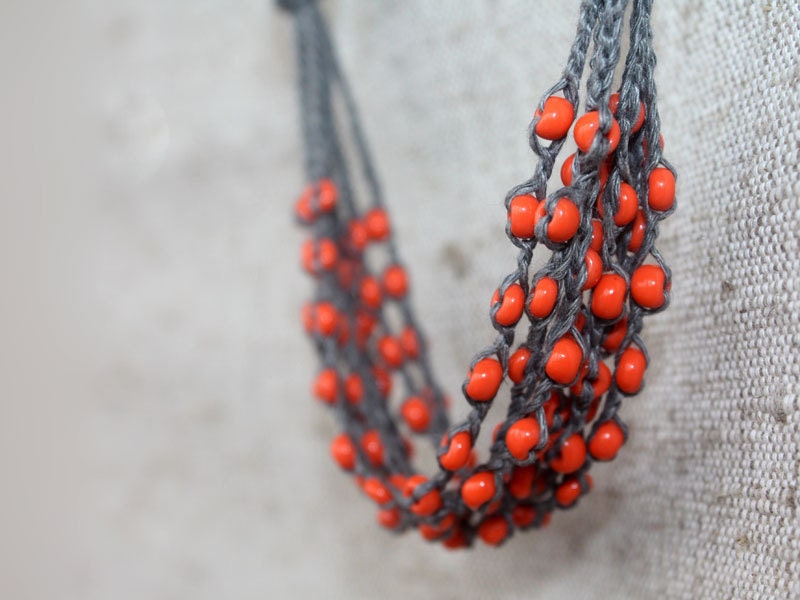 Grey orange rustic linen crochet necklace with tangerine glass beads Rustic jewelry Multi strand Free shipping