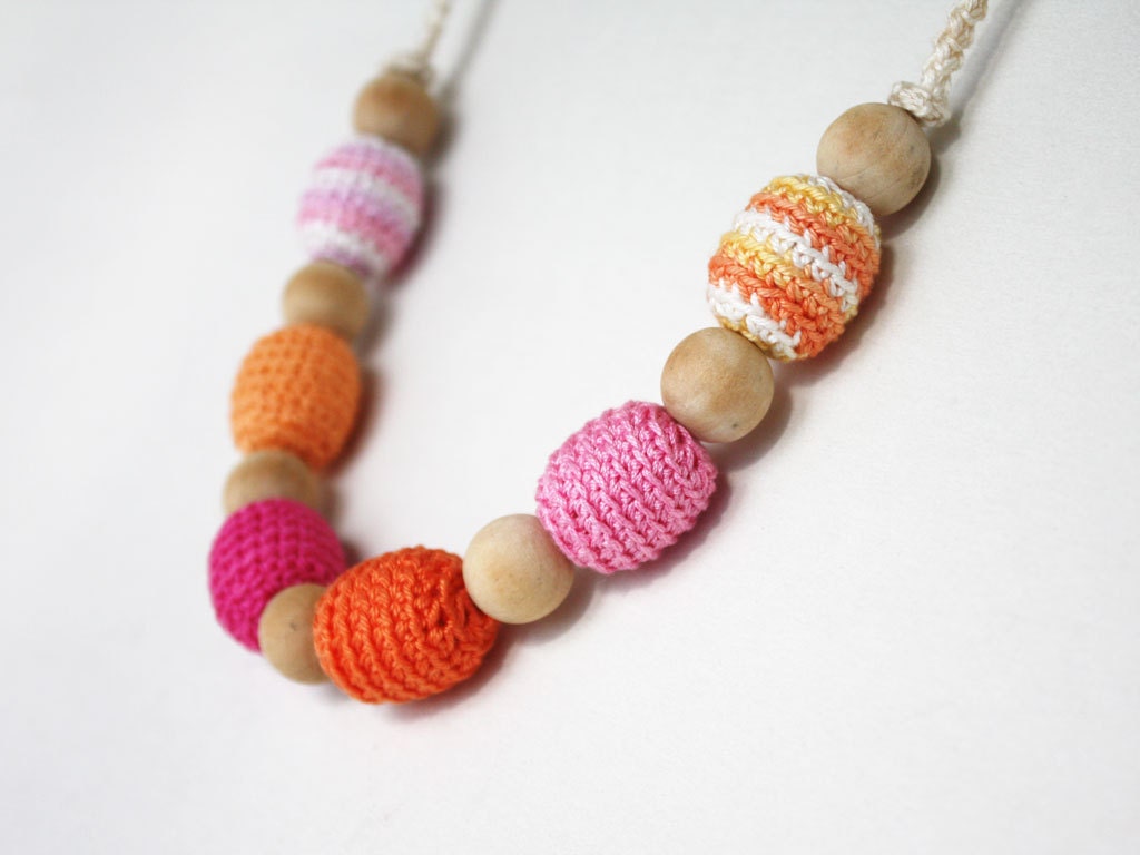 Pink orange crochet necklace Nursing teething jewelry Color block Chunky beads Summer fashion Gift for her under 25 oht