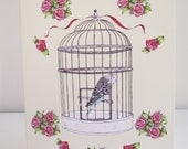 Birdcage and flowers decorative spring illustration greeting card