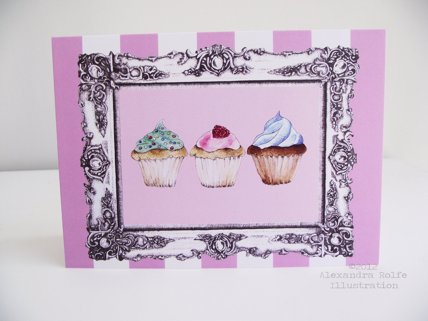 Cupcakes with pink stripes, original artwork, food Illustrated greeting card