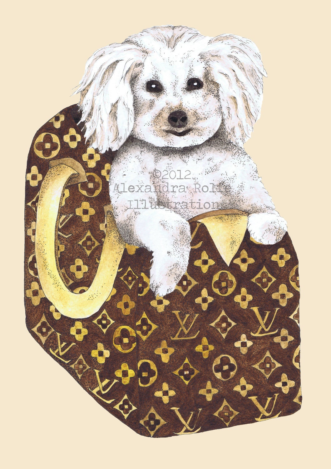 Original Dog in a bag pet portrait illustration - custom made - personalised - watercolours