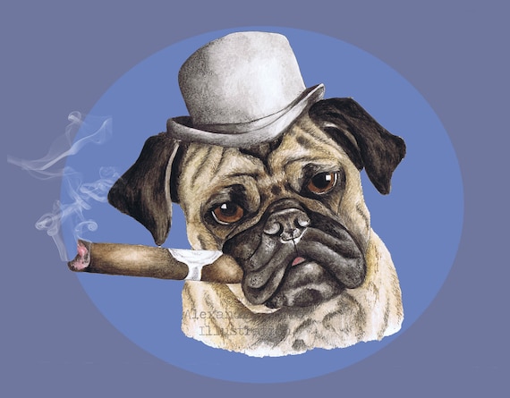 Dog Pug smoking cigar wearing bowler hat by AlexandraRolfe on Etsy