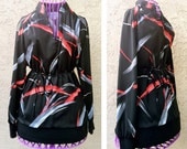 FREE SHIPPING: Vintage Black, Red & Gray 70s Belted Blouse, Size 14