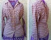 FREE SHIPPING: Ladies 70s Vintage Retro Western Lightweight Plaid Blouse Shirt