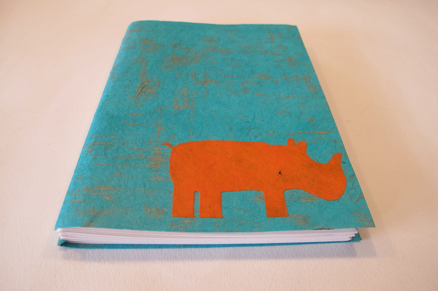 Rhino Handmade Journal Notebook: Turquoise and Orange Rhinoceros Coptic Bound Book