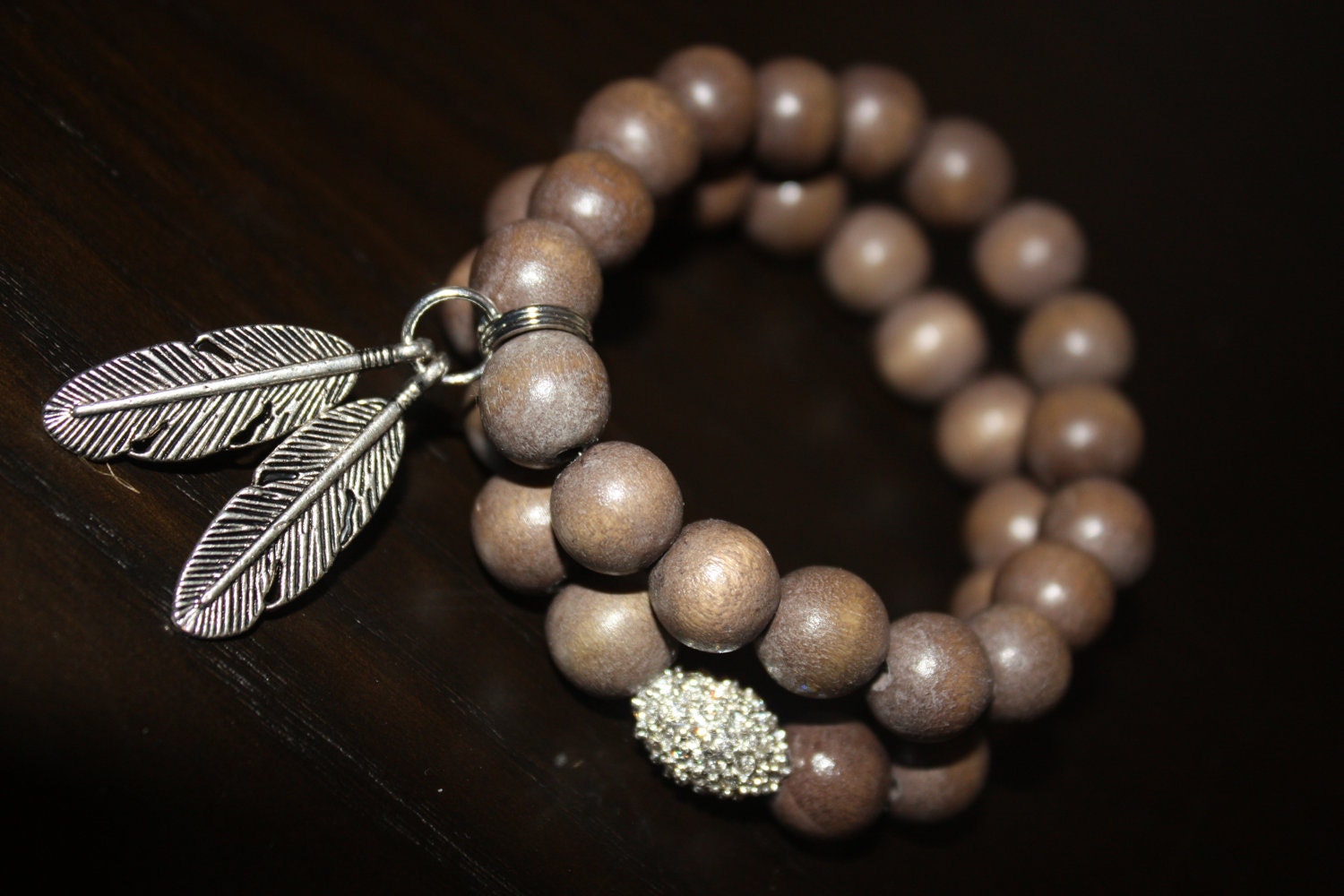Mocha Wood Beaded Stretch Bracelets with Silver Feather Charm and Silver Pave Rhinestones - Set of 2