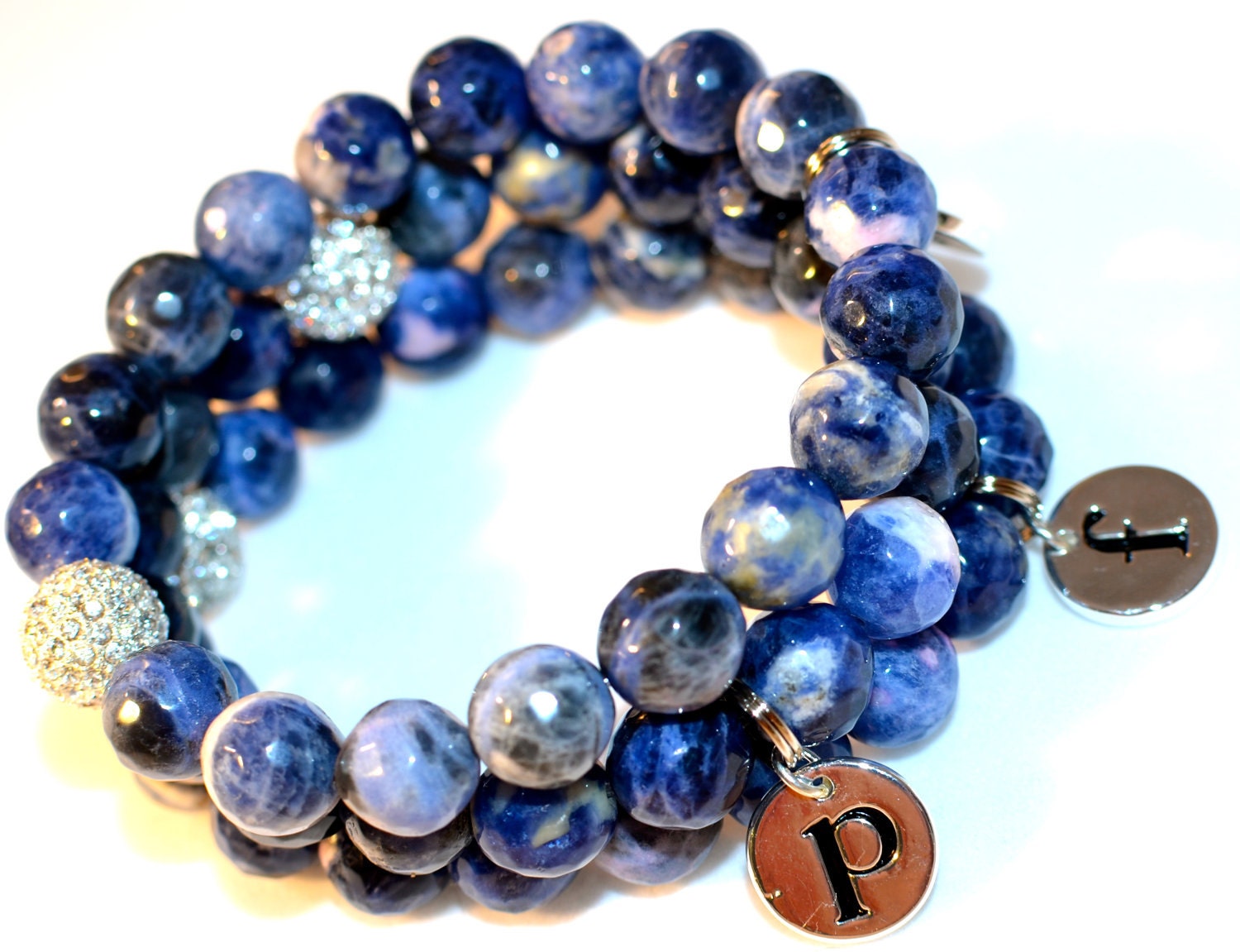Faceted Blue Sodalite Agate Semi Precious Gemstone Beaded Bracelet with Silver Pave Rhinestones and Silver Initial Charm