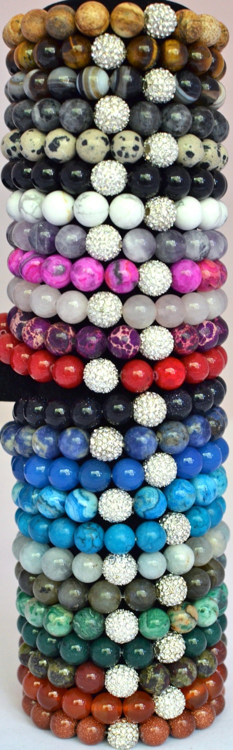 Semi Precious Gemstone Beaded Stretch Bracelet with Silver Pave Rhinestones