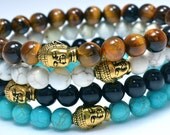 Men's Beaded Buddha Bracelet - Turquoise Howlite, Black Onyx, Tiger Eye or Magnesite, Semi Precious Gemstones and Tibetan Gold Buddha Head