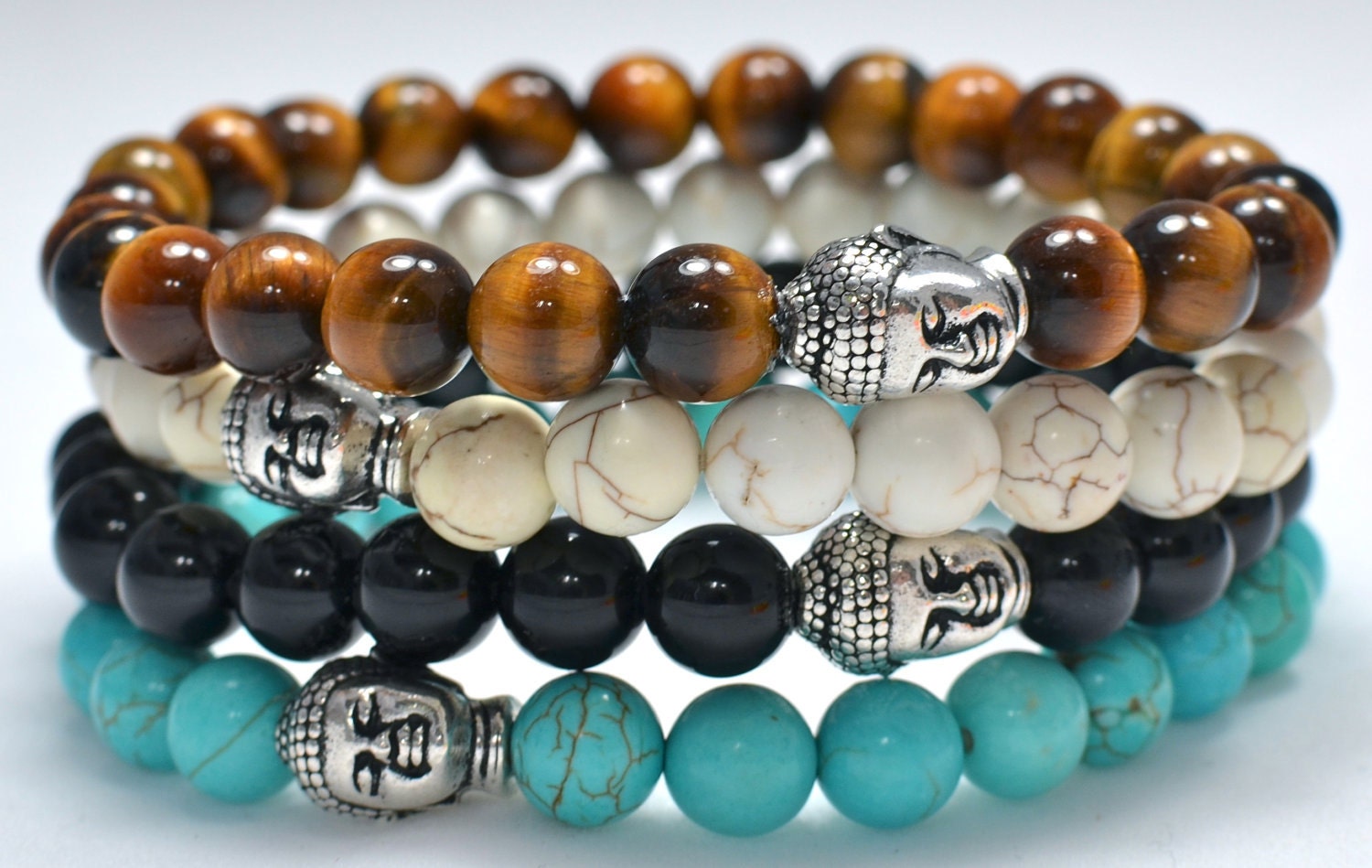 Men's Beaded Buddha Bracelet - Turquoise Howlite, Black Onyx, Caramel Magnesite, or Tiger Eye Semi Precious Gemstones & Silver Buddha Head