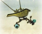Bird on branch necklace blue bell flower jewelry and leaf - Antiqued bronze long chain necklace