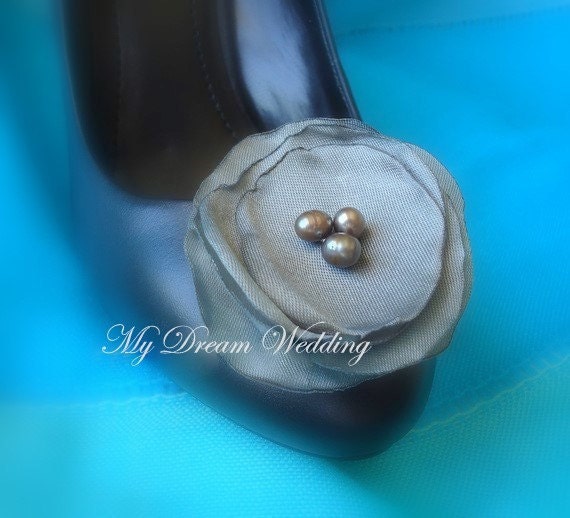 Grey Shoe Clips. Sea pearls Gray Petals Ladies Shoe Clips. Bride,Petals Flower, Bridal, Wedding, Bridesmaids, Designer Original -BELLA-