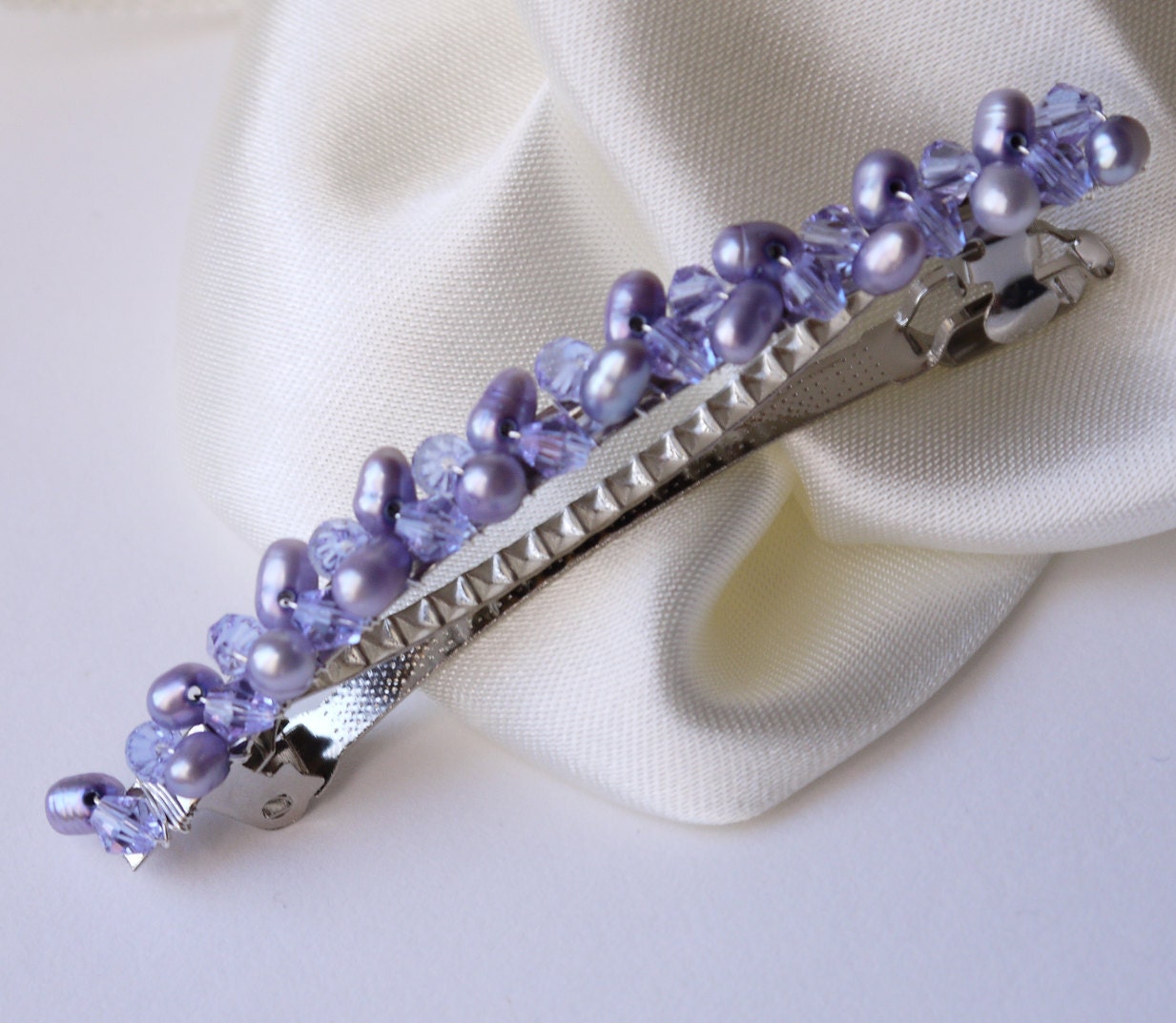 purple hair barrette - lavender lilac purple freshwater pearl and crystal hair barrette clip slide pin for wedding or prom silver