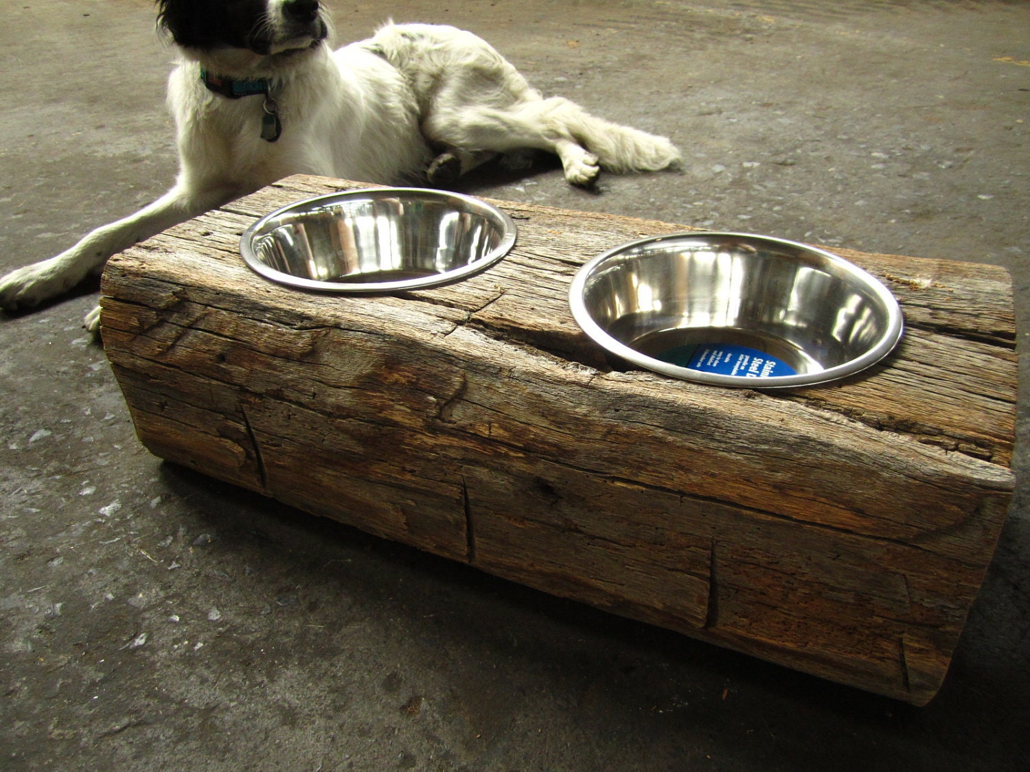 Wood Dog Dish Holder reclaimed oak barn beam