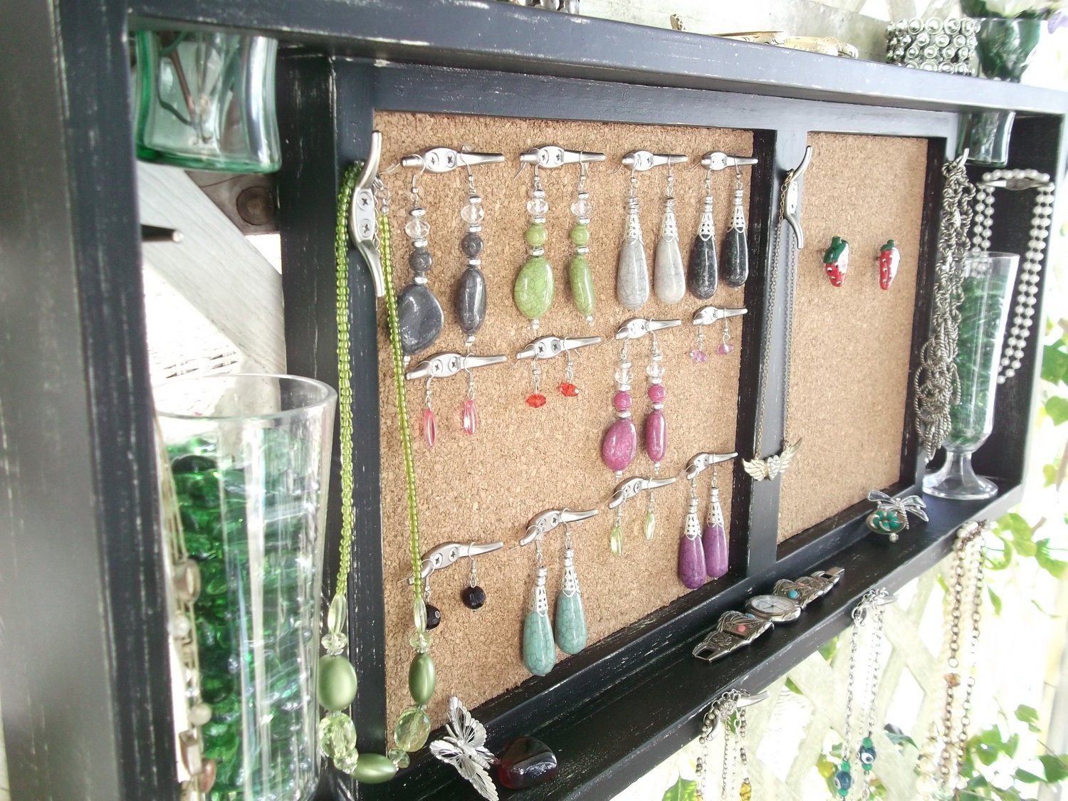 Jewelry Organizer Wall Display Shelf Message Board.. "Black Satin & Ivory" with Nickel or You Choose Color