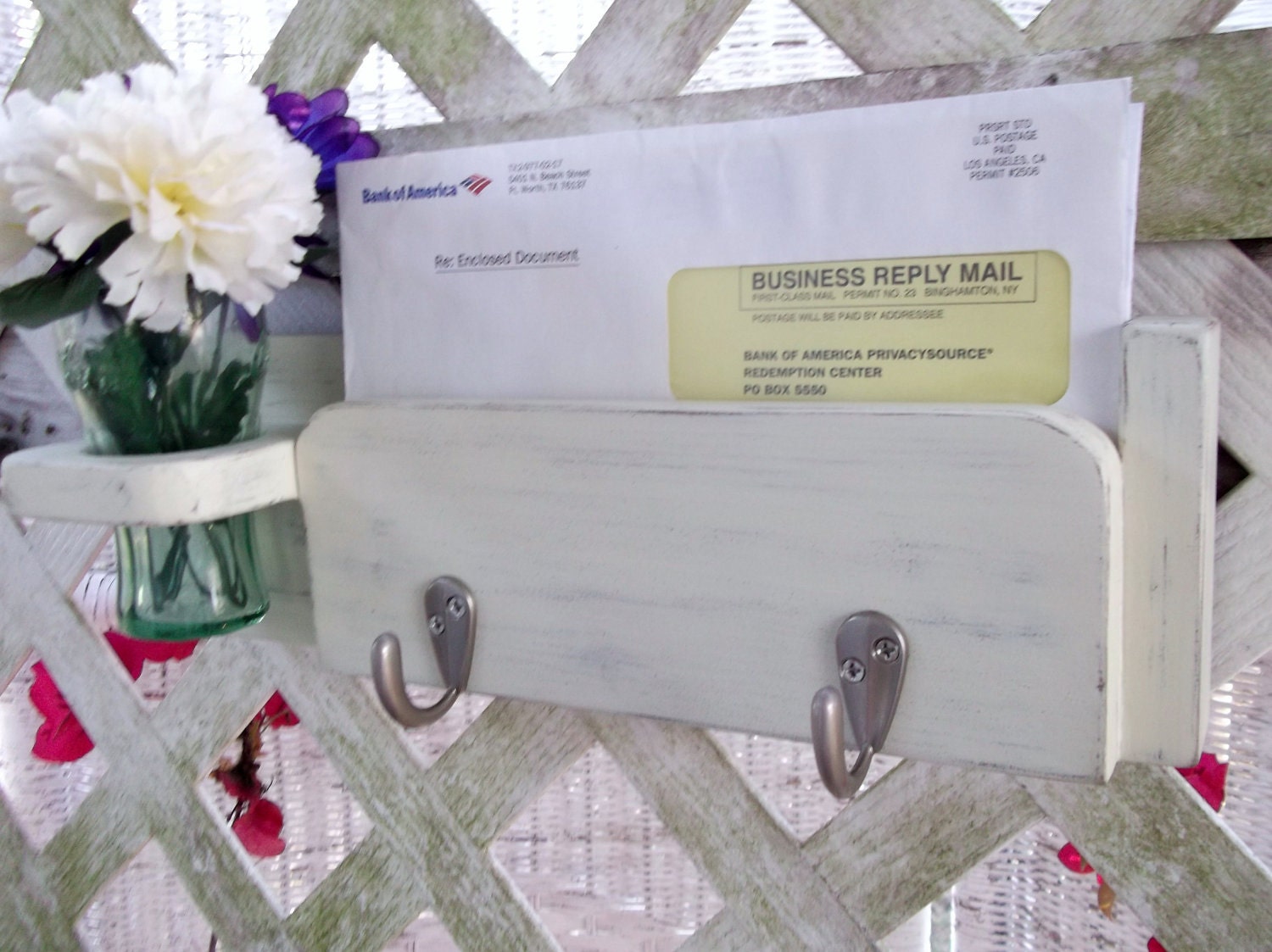 Two Hook Key and Mail Holder Recessed Vase.."Antique White" or You Choose Color..Shabby Chic Cottage..Handmade