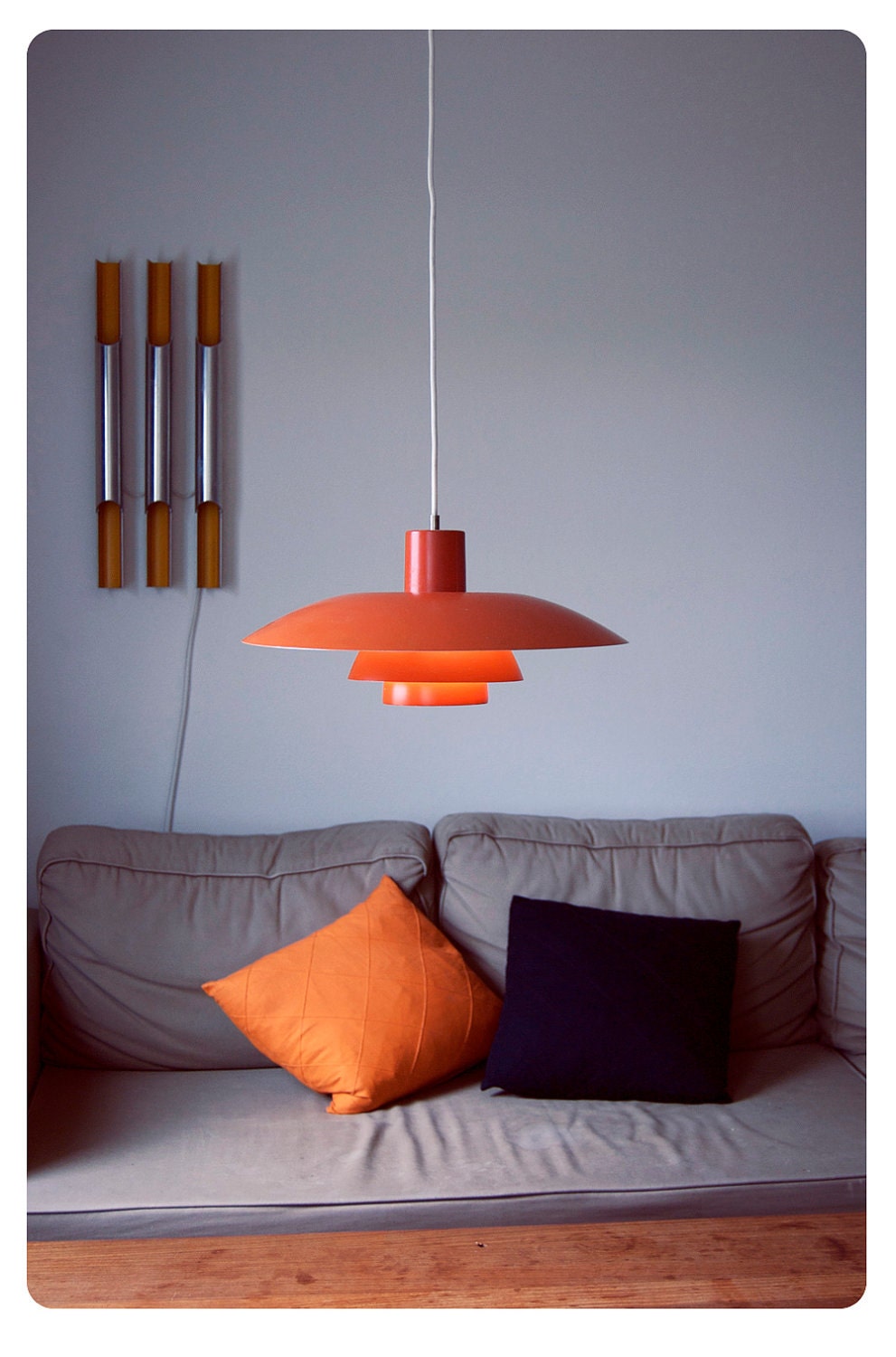 Orange Danish designer Poul Henningsen PH 4/3 pendant 1966. Gradient lighting.