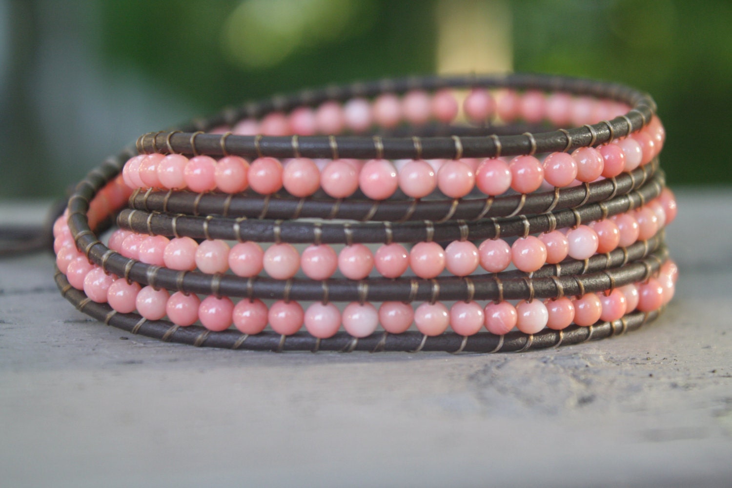 Pink Hope -Brown Leather & Semi Precious Coral Triple Wrap Beaded Leather Bracelet, Pink Coral, Chan Luu Style
