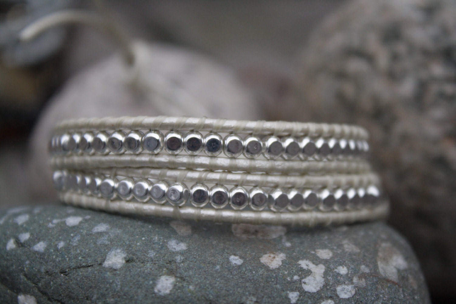 Silver Double Wrap Beaded Pearl Leather Wrap Bracelet,  Chan Luu Style