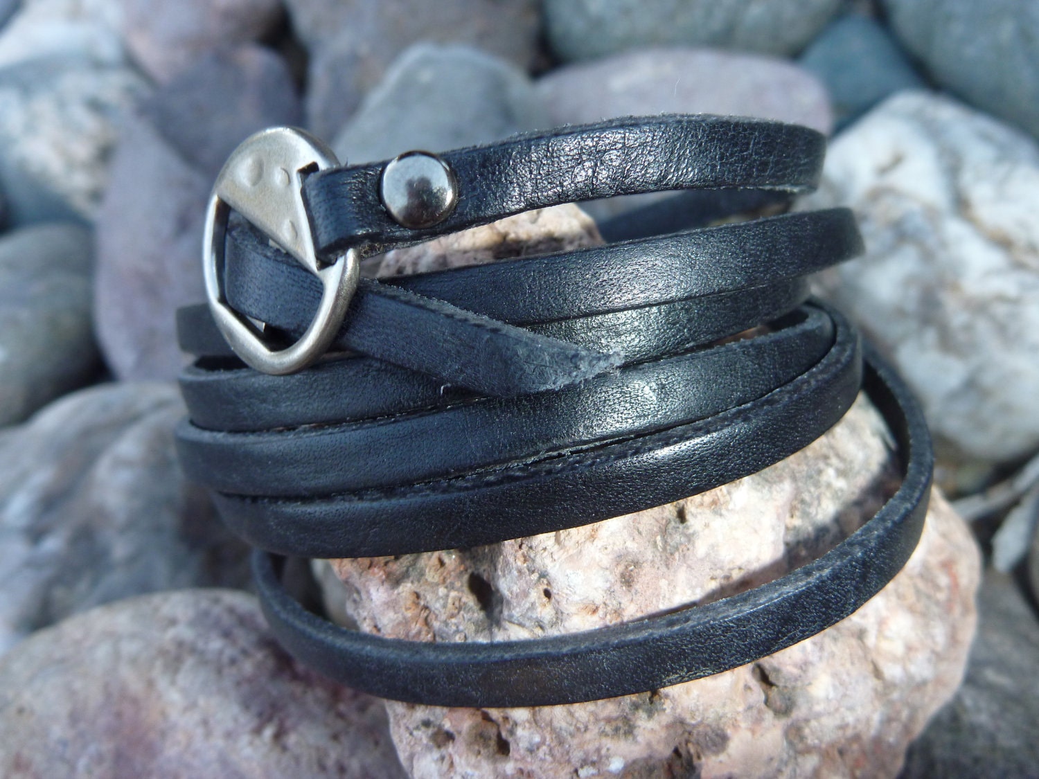 Black COOL Super Long Leather Bracelet/ Wristband  .Unisex. - BOVETTA