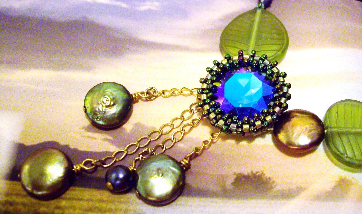 Necklace - Waterlily Swarovski Crystal in Blue Purple Olive Green, 24K Gold Seed Beads, Fresh Water Pearls, Glass Leaves