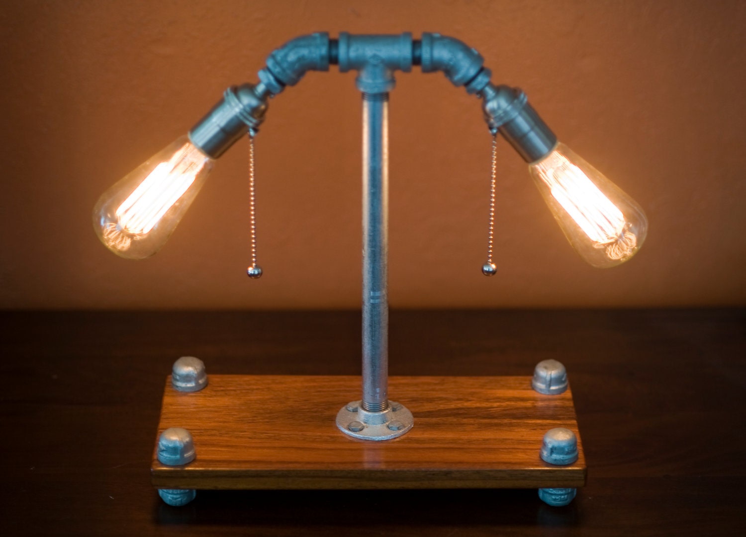 Galvanized Metal Pipe Lamp - Handmade - Antique Cloth Covered Wire - Edison Style Bulb