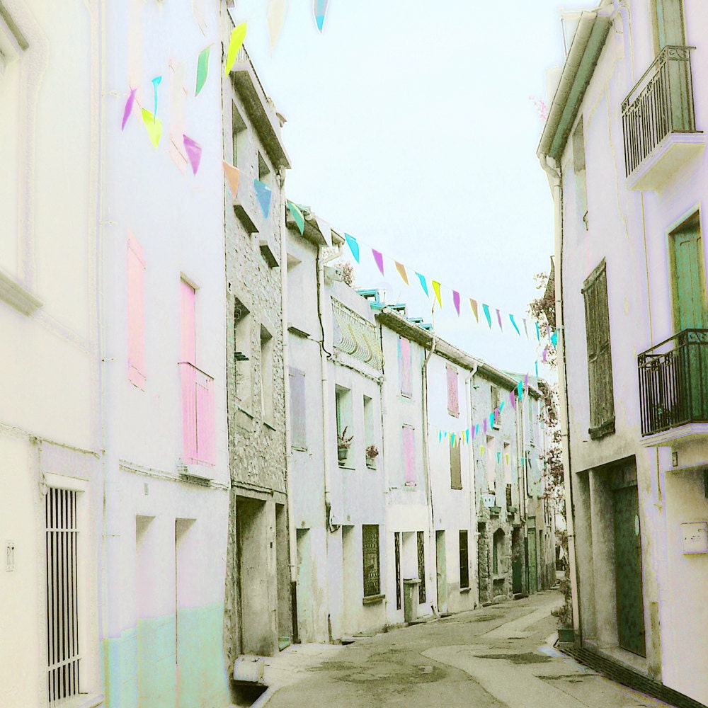 French Street Photograph, Pastel Village Street Photograph Print, Neutral Home Decor, Pastel Bunting