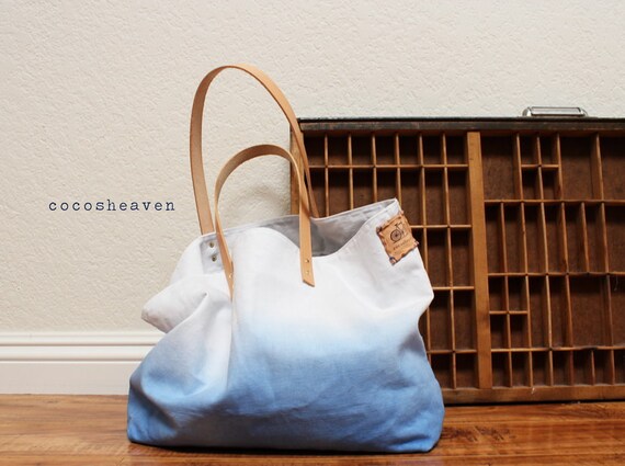 CANVAS TOTE BAG...Blue with leather strap by cocosheaven on Etsy