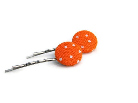 Hair pins, Carrot Orange Polka Dot, Fabric buttons, Fabric Covered Button, Bobby Pins,Hair Accessories - JoannaBizu