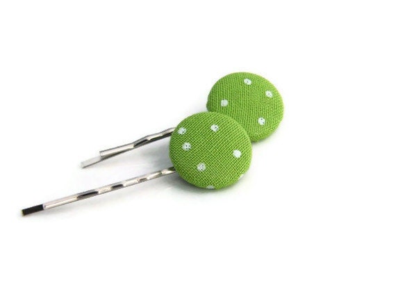 CLOSING SALE, Fabric buttons, Neon Lime Green Polka Dot, Fabric Covered Button, Bobby Pins,Hair Accessories
