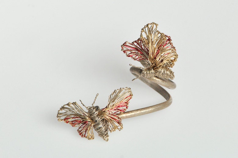 Fine jewelry double butterfly ring.Handmade wire wrapped jewelry.Unique art insects.3d jewelry.Wire wrapped  sculpture isects.