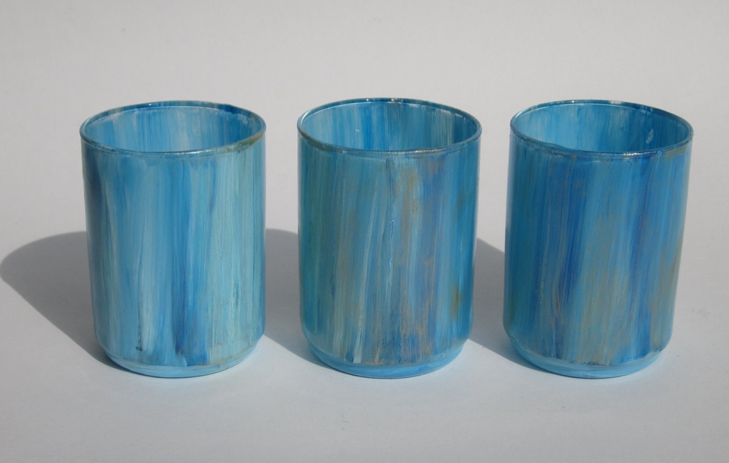 Votive Candle Holders Small Hand Painted Light Blue with Gold Flecks