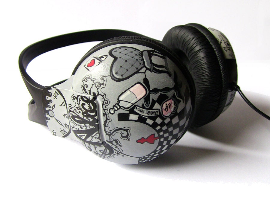 Alice in Wonderland Black and White Painted Headphones Made to Order