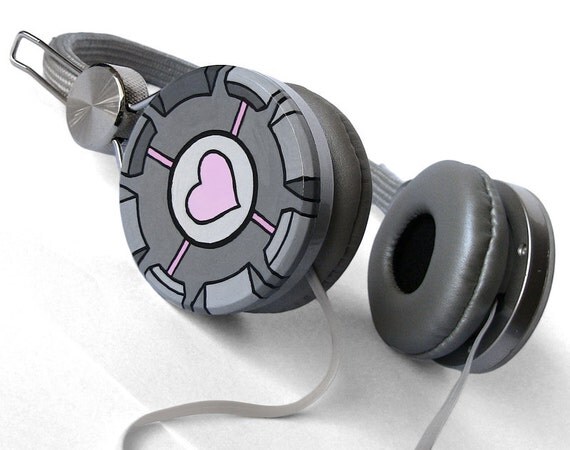 LAST ONE Companion cube Headphones earphones grey pink hand painted