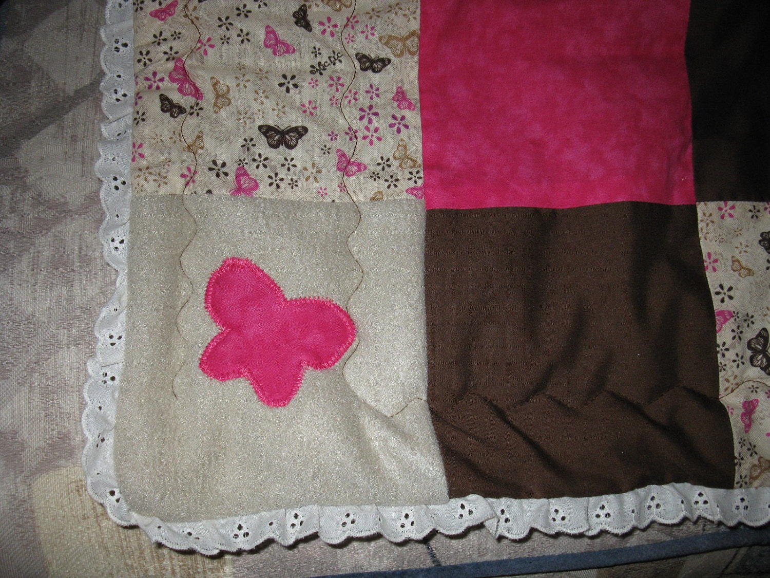 sale - Pink and brown Butterflies, flowers and lace Baby Girl quilt blanket