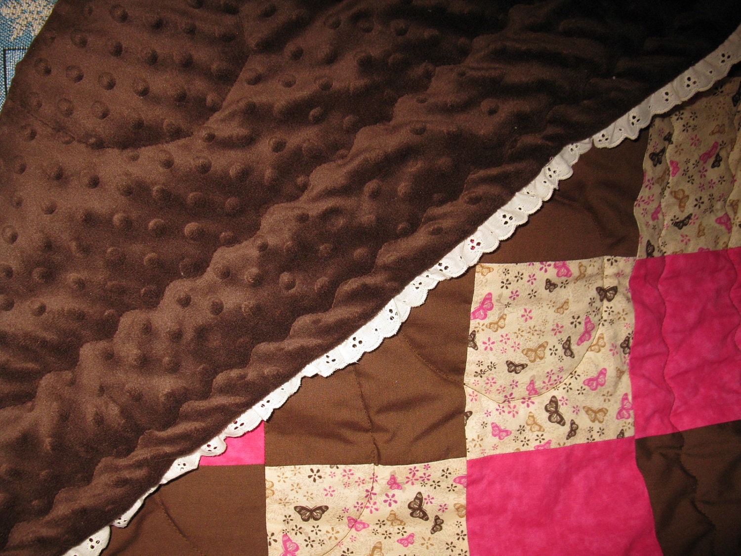 sale - Pink and brown Butterflies, flowers and lace Baby Girl quilt blanket